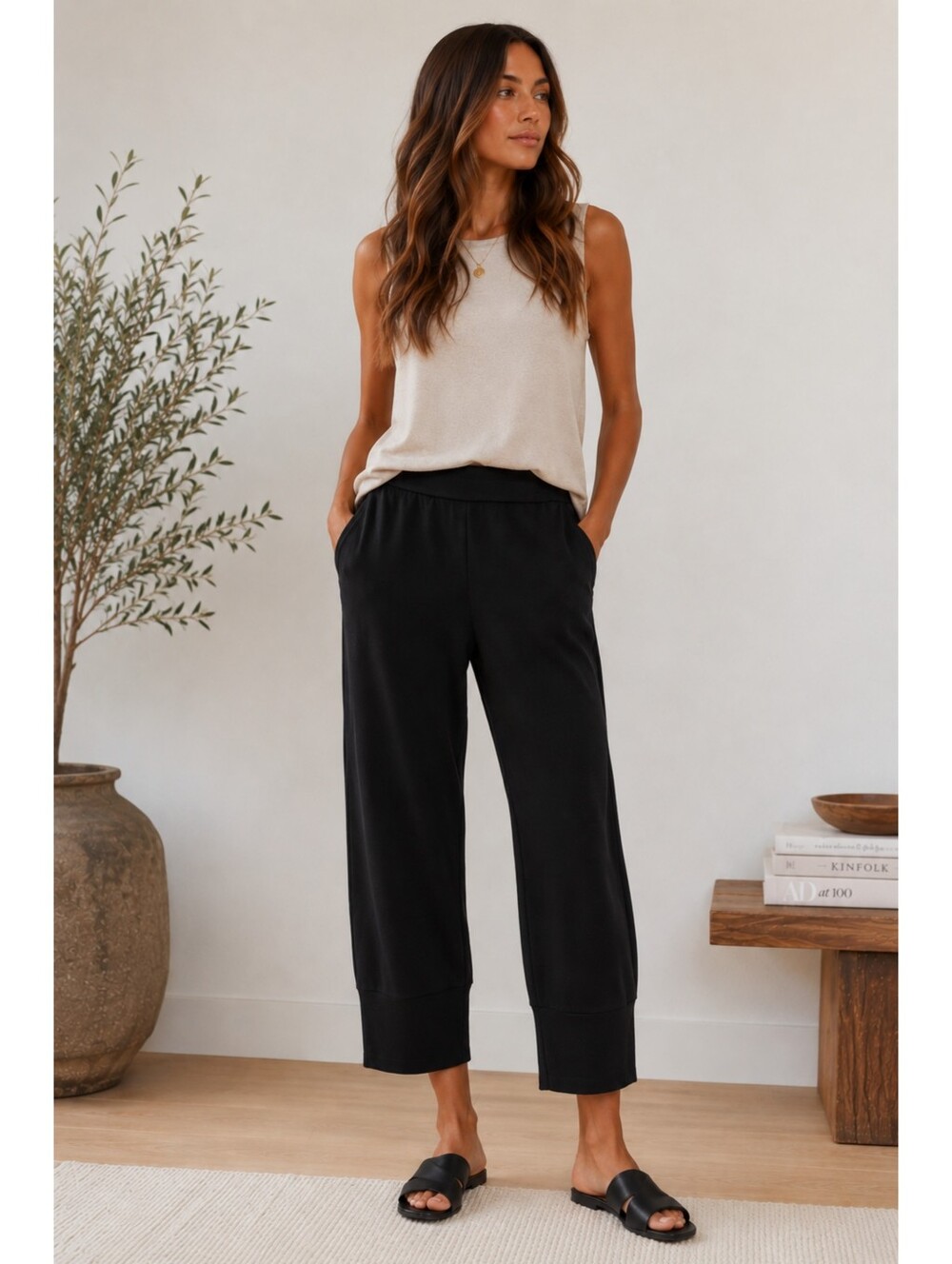 Eileen Fisher Petite Medium Black Tencel Cropped Lantern Pants Pockets PM